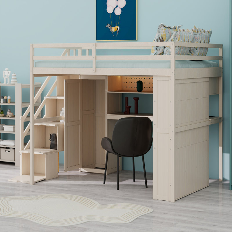 Lit mezzanine peu encombrant avec armoire intégrée, bureau, tablettes et éclairage, Beige
