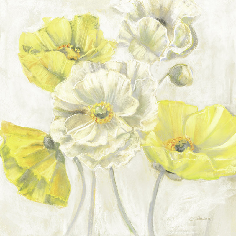 Fleur coquelicots sur crème, jaune, or, H 24 po x l 36 po x P 1,5 po