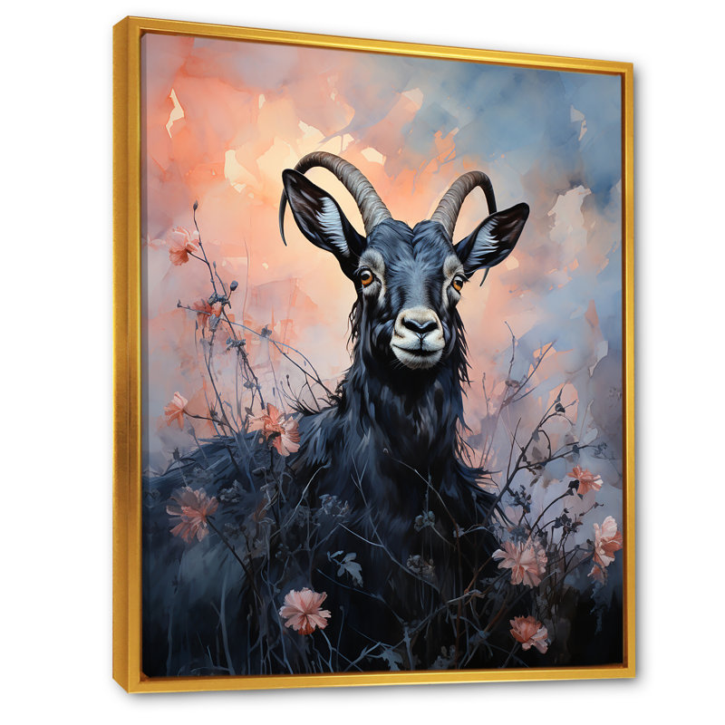 «Buck Goat Twilight Trek 3», art mural animal de chèvre, H 40 po x l 30 po x P 1,5 po, Cadre flottant doré