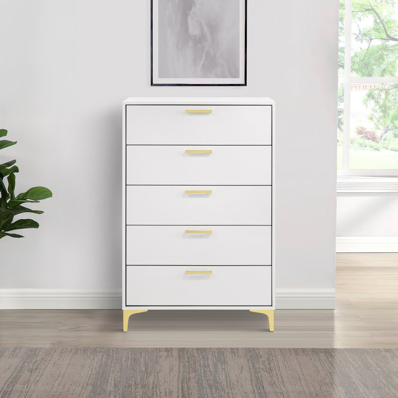 Peterlee White and Gold 5-Drawer Chest, White