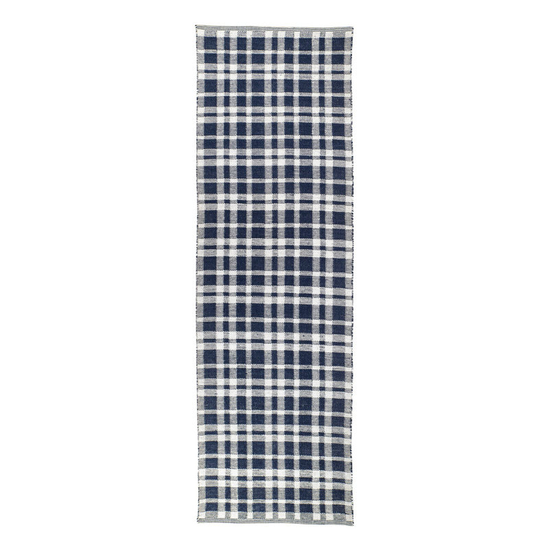 Tattersall Navy Handwoven Indoor/Outdoor Rug, Runner 2'6" x 8'