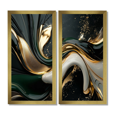 Or noir et marbre noir captivant - art abstrait sur toile, art mural abstrait noir, ensemble de 2