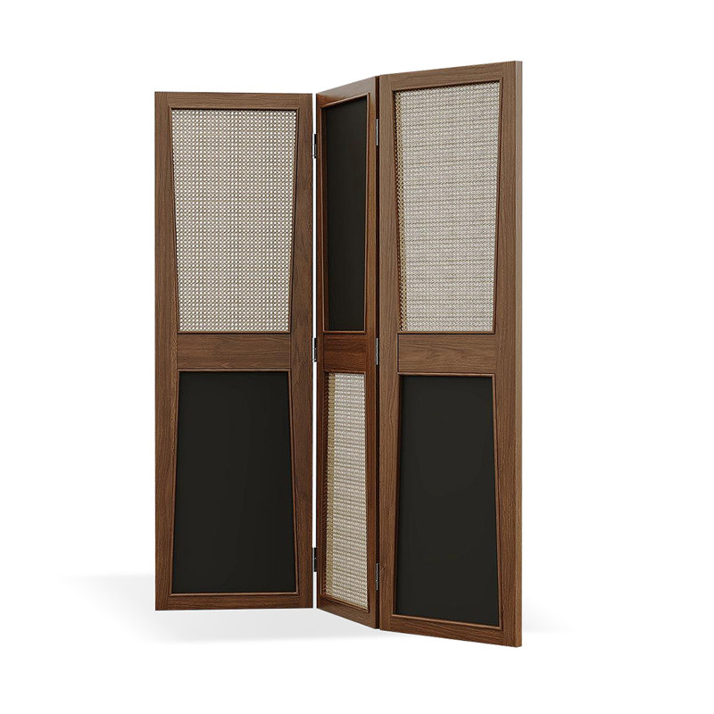 3 panneaux beige + noir + rotin brun + toile + cloison pliante en bois massif