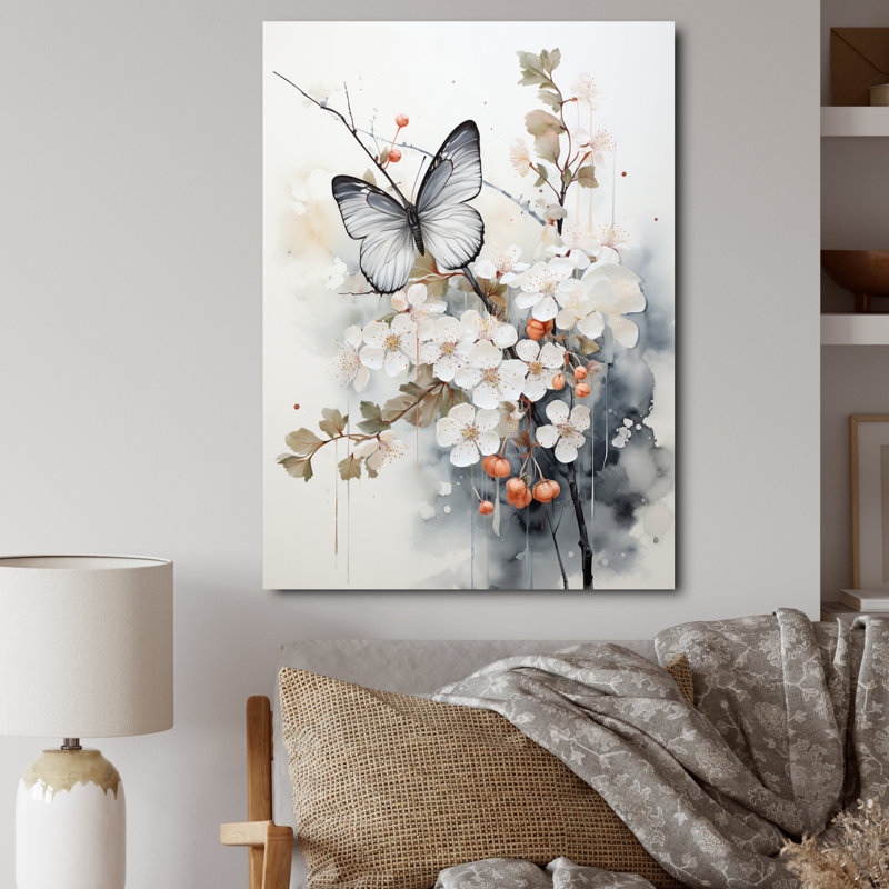 Keishasha, art asiatique, papillon blanc et gris sur toile, H 32 po x l 24 po x P 1 po, Toile tendue