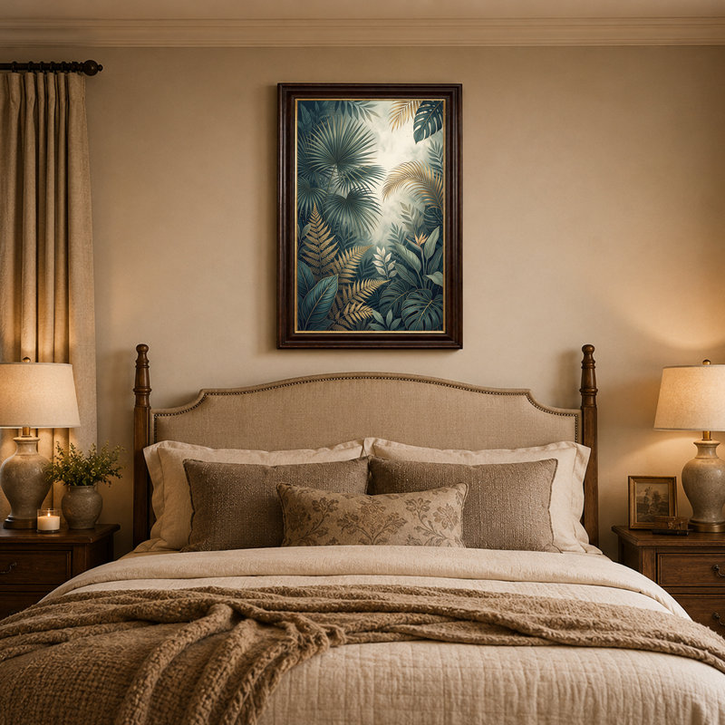 Art mural sur toile vert foncé et doré avec feuilles de palmier tropical Monstera, H 24 po x l 16 po