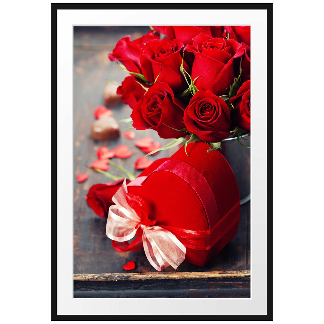 Gerahmtes Poster Rosen mit Herz