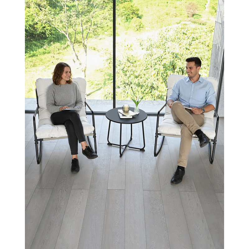 3 Pieces Outdoor Conversation Set, Metal Patio Bistro Set With 2 Outdoor Rocking Chairs And Side Table, Patio Furniture Set With Cushions For Apartment, Porch, Balcony, Poolside, Off-White