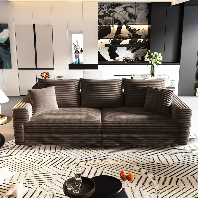 Canapé en velours côtelé à 3 places de 82,7 po de couleur chameau avec coussins moelleux, conception convertible, cadre et repose-pieds réglable de 82,7 po, teinté, rembourré, canapé, sièges profonds, cadre