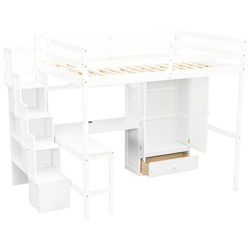 White Full Size Loft Bed With Multifunctional Desk, Storage Staircase, And Wardrobe, Ensuring A Safe Comfortable Bedroom Atmosphere L - Shaped Tidy
