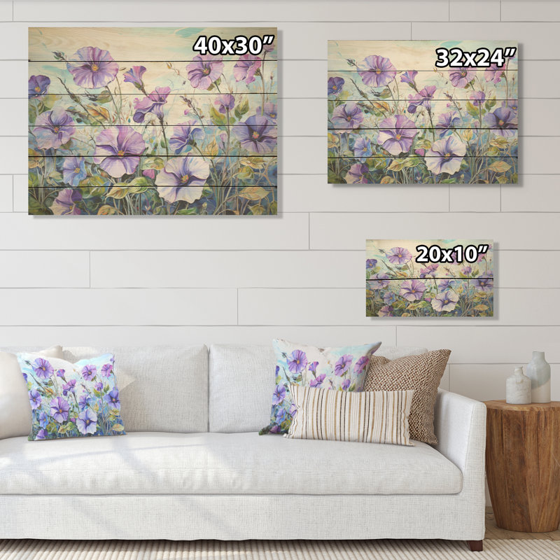 «Purple Morning Glory Flowers», art mural en bois sur bois de pin naturel, H 24 po x l 32 po