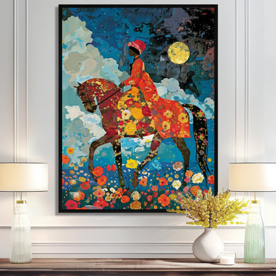 Dame à cheval, pleine lune, champ de fleurs - cheval, art mural