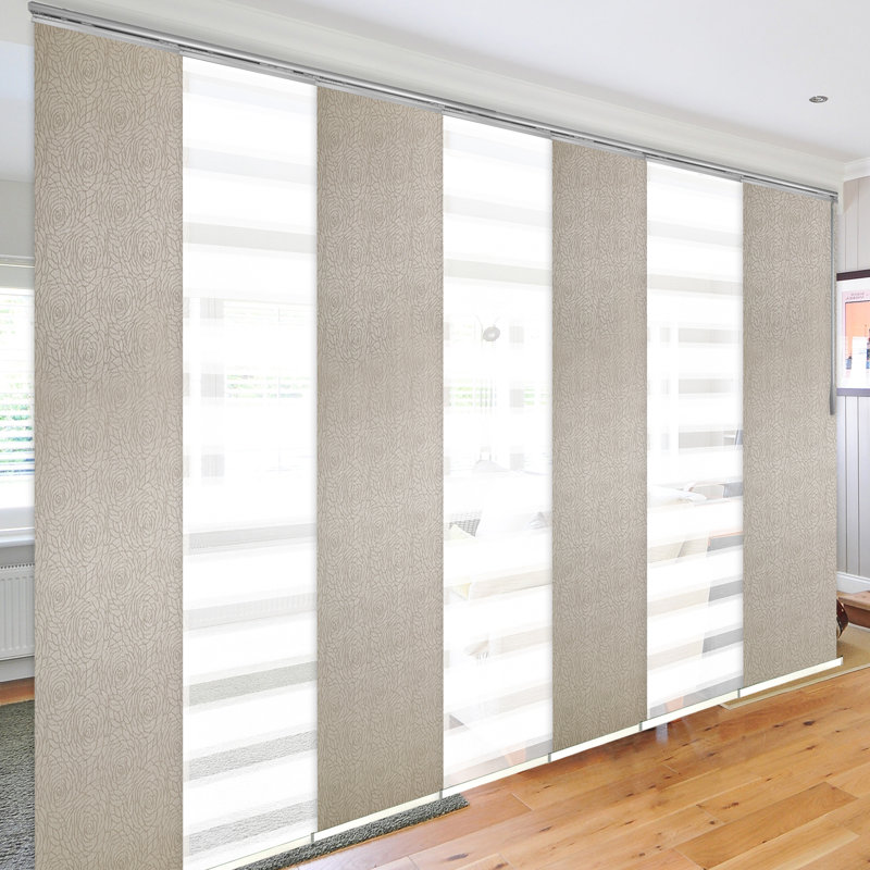 7-Panel Single Rail Panel Track Extendable 110"-153" W x 94"H, Panel Width 23.5", Macadamia, Iris, White