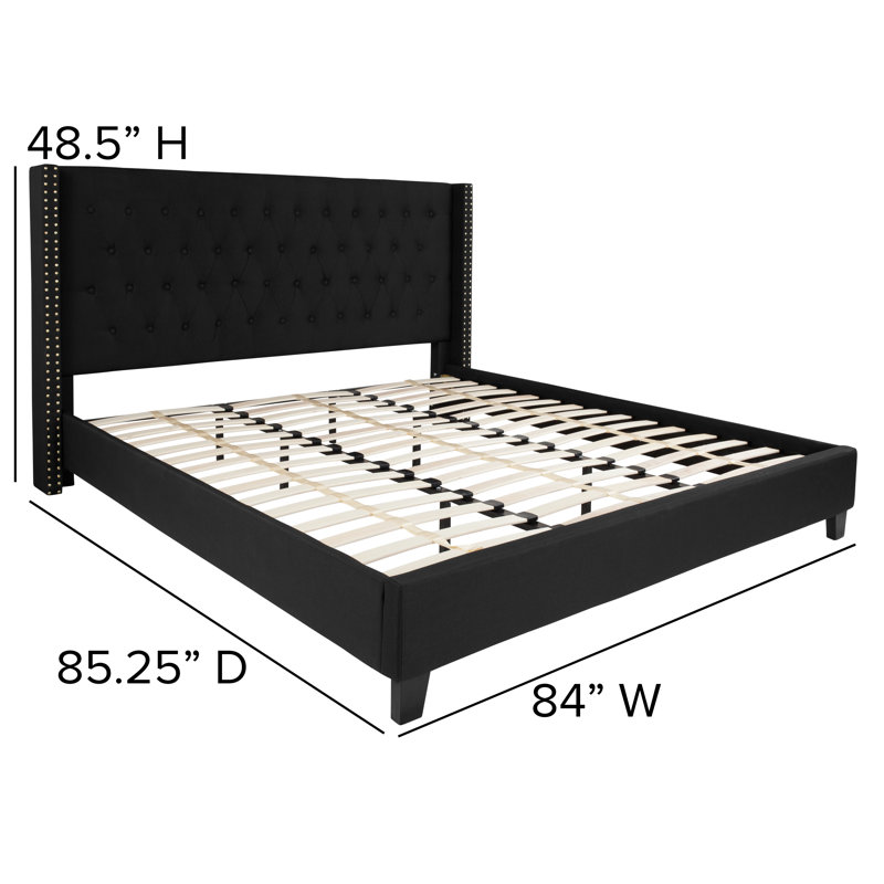 Aluino Tufted Upholstered Platform Bed w/ Accent Nail Trimmed Extended Sides, Black, King