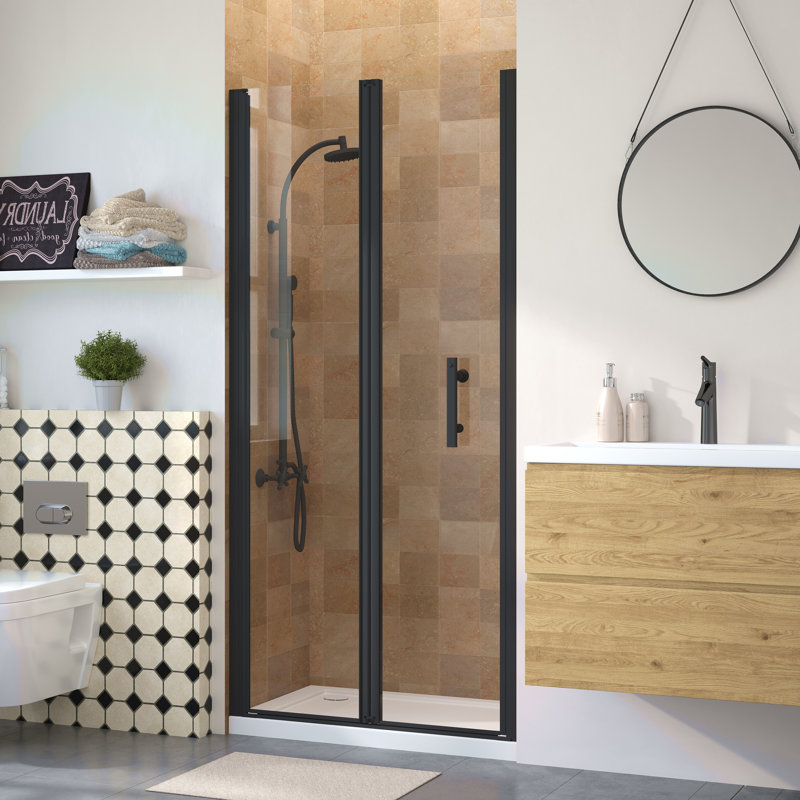 Semi-Frameless  Bi-Fold Glass Shower Door with Tempered Glass and Reversible Installation, Matte Black, 36"
