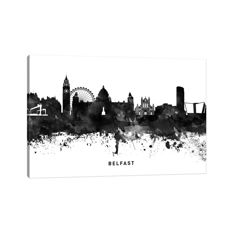 Belfast Skyline Black And White by WallDecorAddict - Wrapped Canvas Print, 101.6 cm H x 66.04 cm W x 1.91 cm D