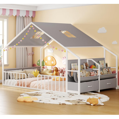 Twin Size Metal House Bed with Roof Windows & Grey Canopy, Floor Bed with Guardrails, Shelves & Drawers in White Frame