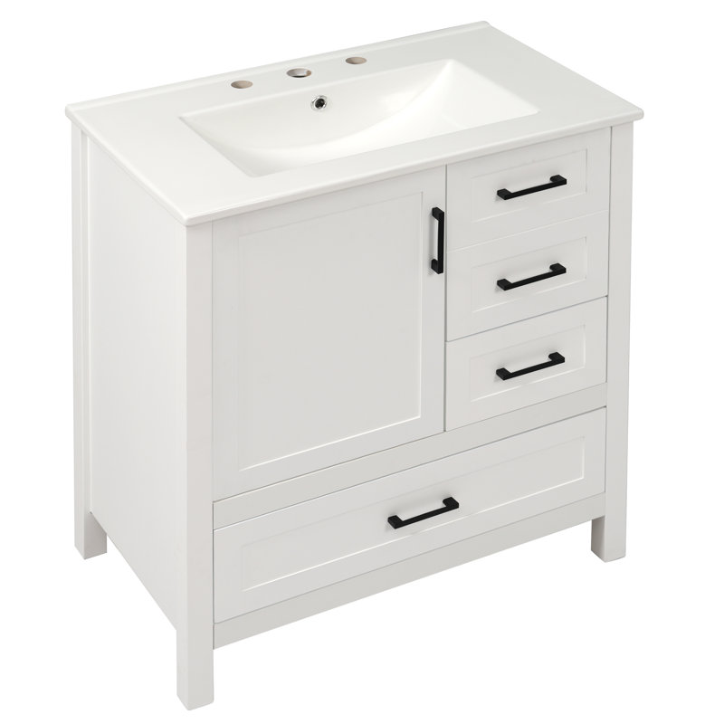 30" Bathroom Vanity With Ceramic Top And Sliding Shelf, White