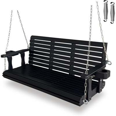 Wooden Porch Swing 3-Seater, Bench Swing with Cupholders