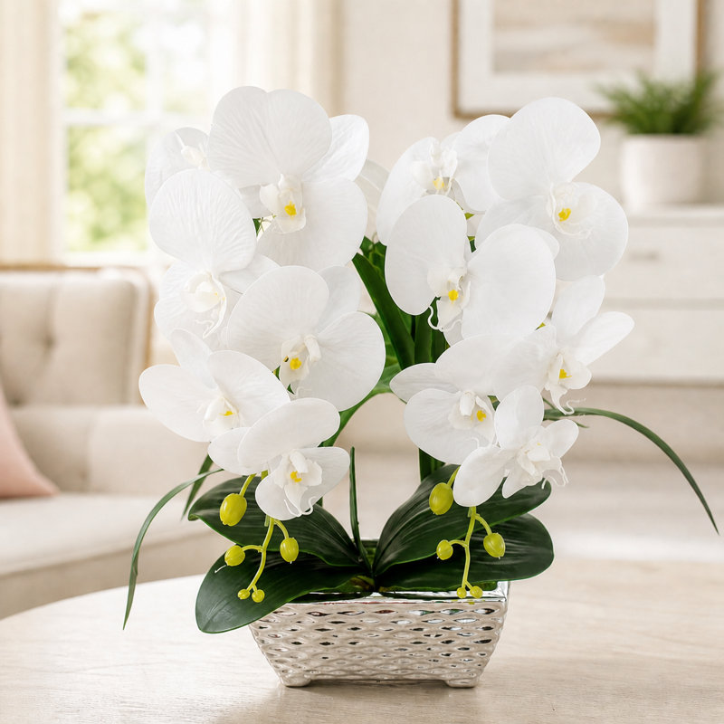 Vase en céramique argenté avec orchidées blanches artificielles, vase décoratif moderne à finition métallique 19 x 40 cm