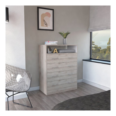 Peru L Four Drawer Dresser, Superior Top, One Open Shelf -Light Gray
