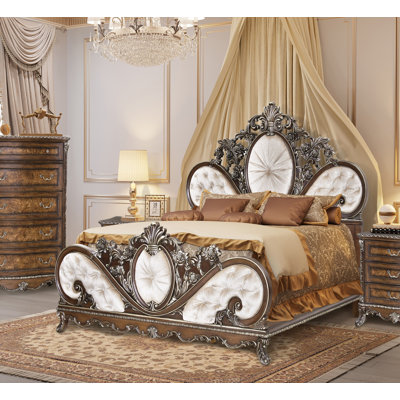 Sabol Traditional Glam Button Tufted Panel Bed, Cream Fabric & Cherry Finish