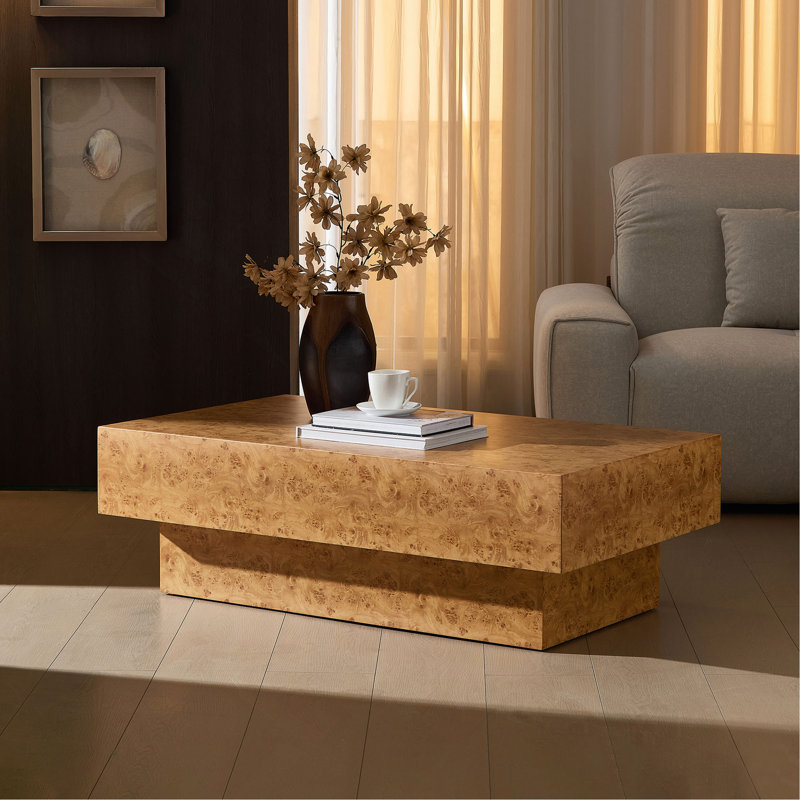 Table basse décorative 43,31 pouces en faux bois de ronce, table rectangulaire de style Mid-Century moderne pour le salon, table basse avec piédestal robuste en bois aggloméré pour le bureau, appartement