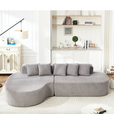 Canapé d'angle incurvé gris sans ossature 110,2 po x 62 po, sans assemblage, assise moelleuse, facile à nettoyer, revêtement en chenille, idéal pour le salon, forme en L, avec 5 coussins, mousse à mémoire de forme haute densité, espaces