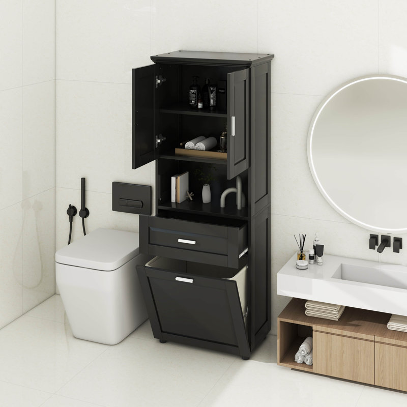 Tall Bathroom Cabinet With Laundry Basket, Adjustable Shelves, Black