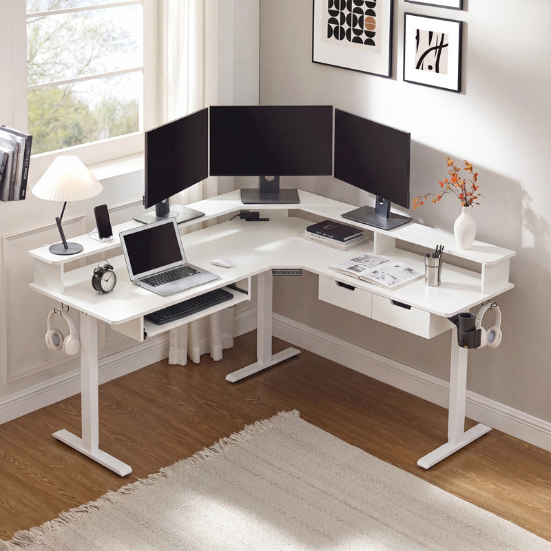 Bureau pour travailler debout 60 "en L avec prises de courant et lumières DEL, Blanc