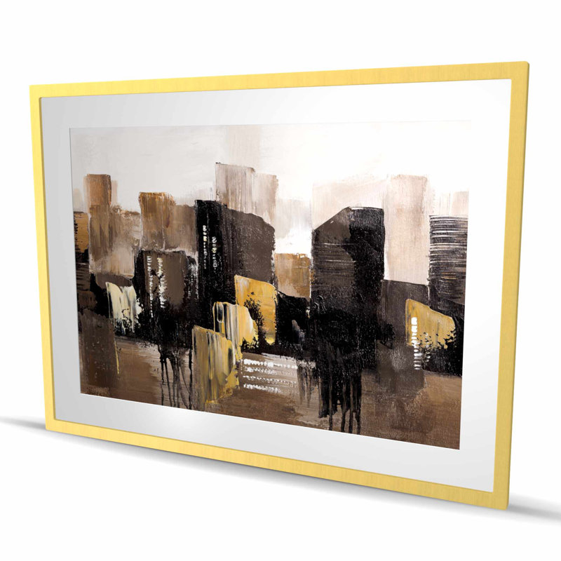 Impression de paysage urbain abstrait tons terreux | Décoration de chambre encadrée, H 48 po x l 36 po, Doré