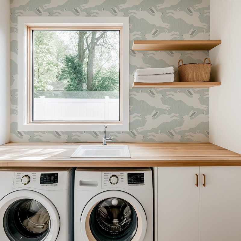 Hopping Hares - Wallpaper, Mist Blue, Peel & Stick