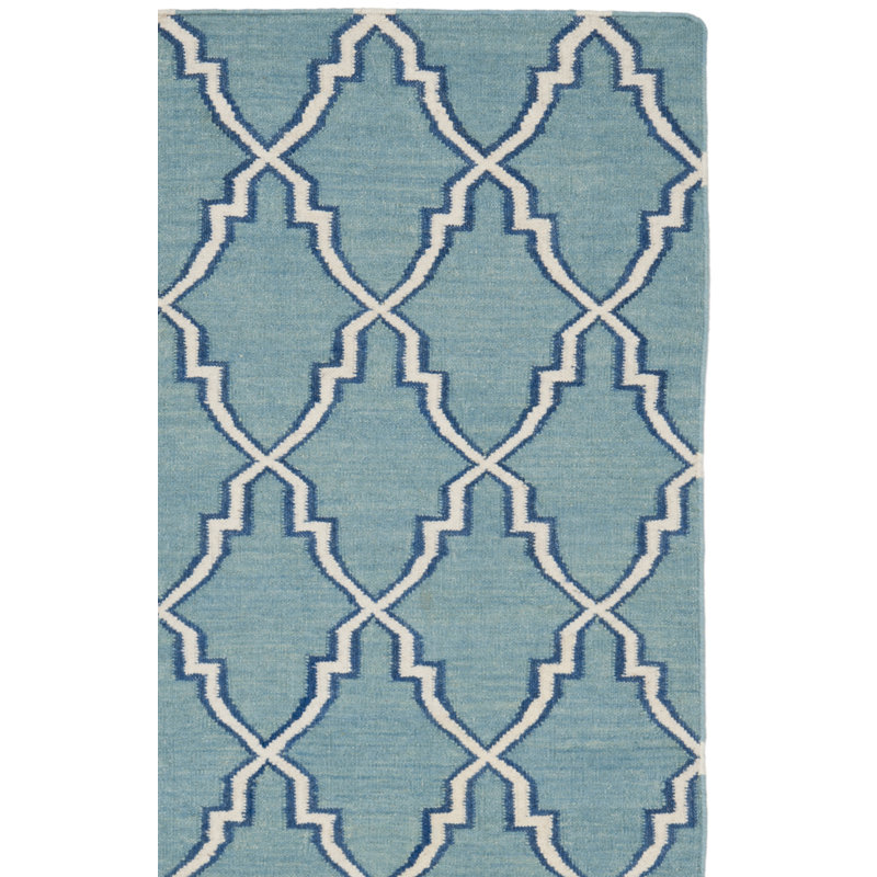 Tapis en laine / coton tissé à la main à plat Rodgers en ivoire / bleu clair, Rectangle 3 pi x 5 pi