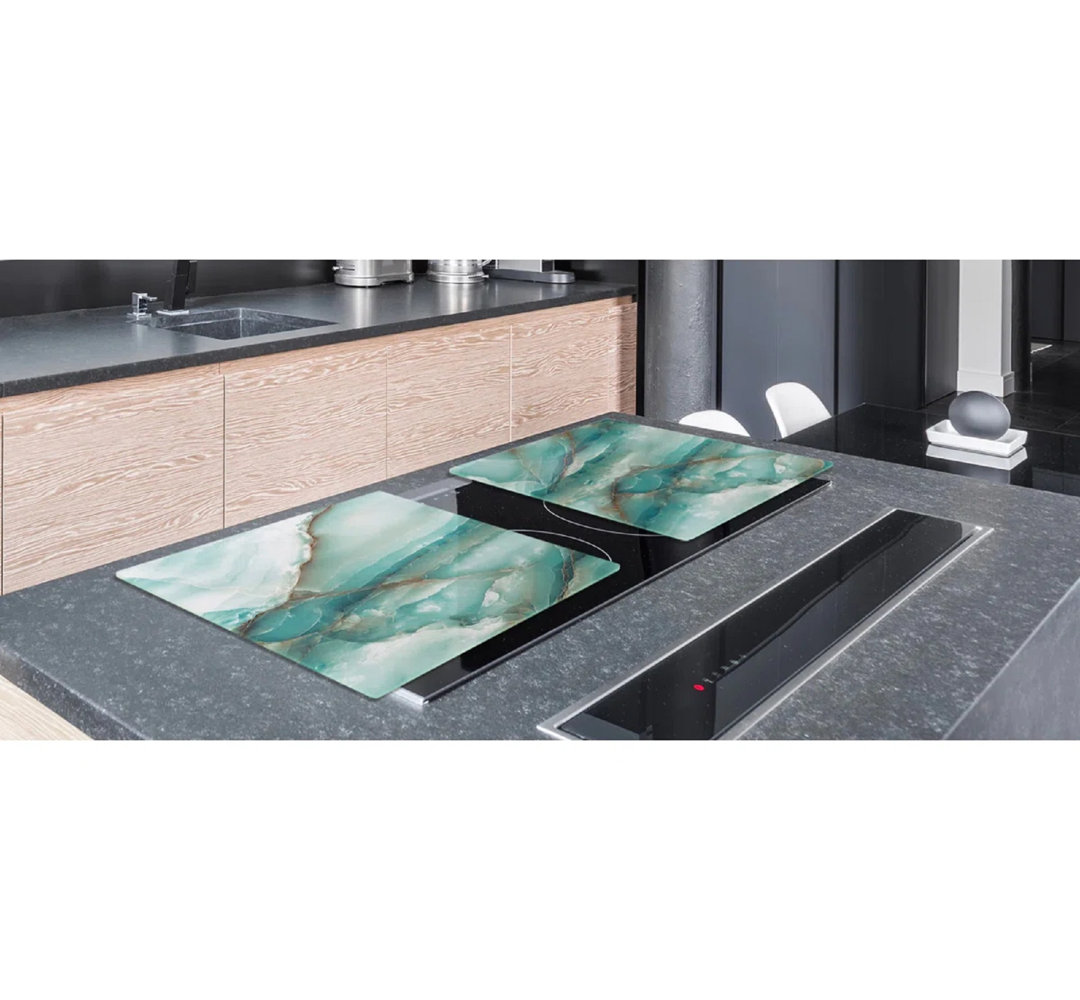 Stove Top Cover - Teal Marble Glass Style, Gas & Electric Cooktop Cover | Noodle Board Festive Fit Home 