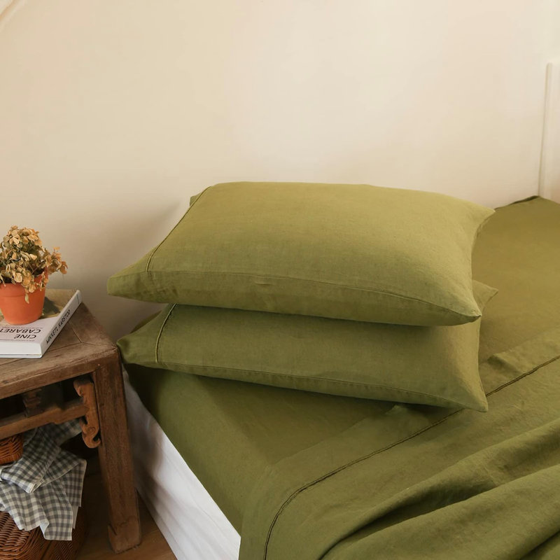 Ensemble de taie d'oreiller 100% lin français avec 2 taies d'oreiller de couleur unie délavées, Vert olive