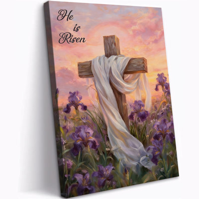 Large He Is Risen Canvas Wall Art, Christian Wall Decor Religious Art, Easter Cross with White Cloth and Purple Irises Painting, Inspirational Canvas Wrapped Framed Poster Picture Prints for Home Bedroom Ready To Hang, 28×40 Inches