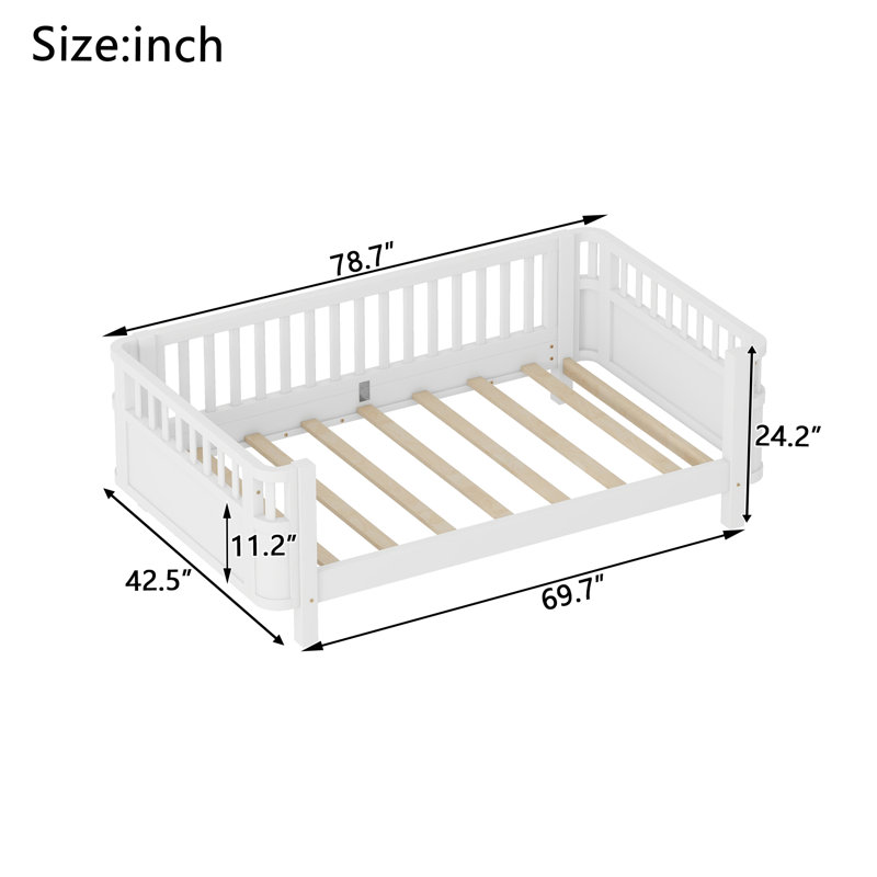 Convertible Wood Bed with Removable Safety Rail, Low Platform Bed for Kids Transition Sleep, Twin Size, White, White