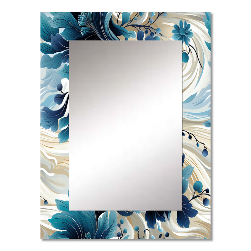 Adalberta Maritime Blues Nautical Flower Pattern - Cottage Decorative Mirror, Floral, Botanical Wall Mirror, Printed Metal Art