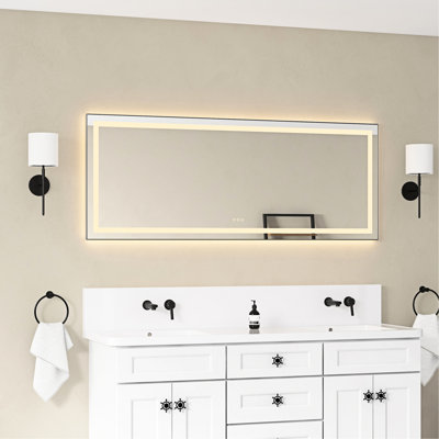 Miroir de salle de bain 72 "x 28" avec cadre en aluminium, 3 températures de couleur, brouillard, gradation continue pour meuble-lavabo à l'avant et à l'arrière, couleurs, Hush