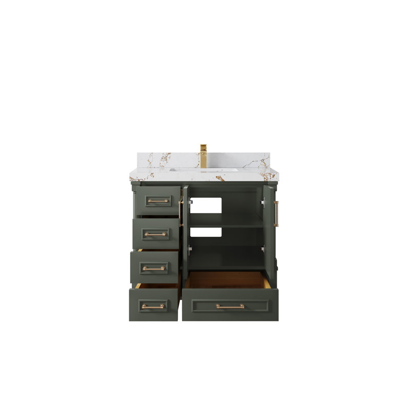 Aberdeen X P 22 po Meuble-lavabo de salle de bain central D avec quartz Calacatta Laza, Étain vert / or brossé, Brun Viola