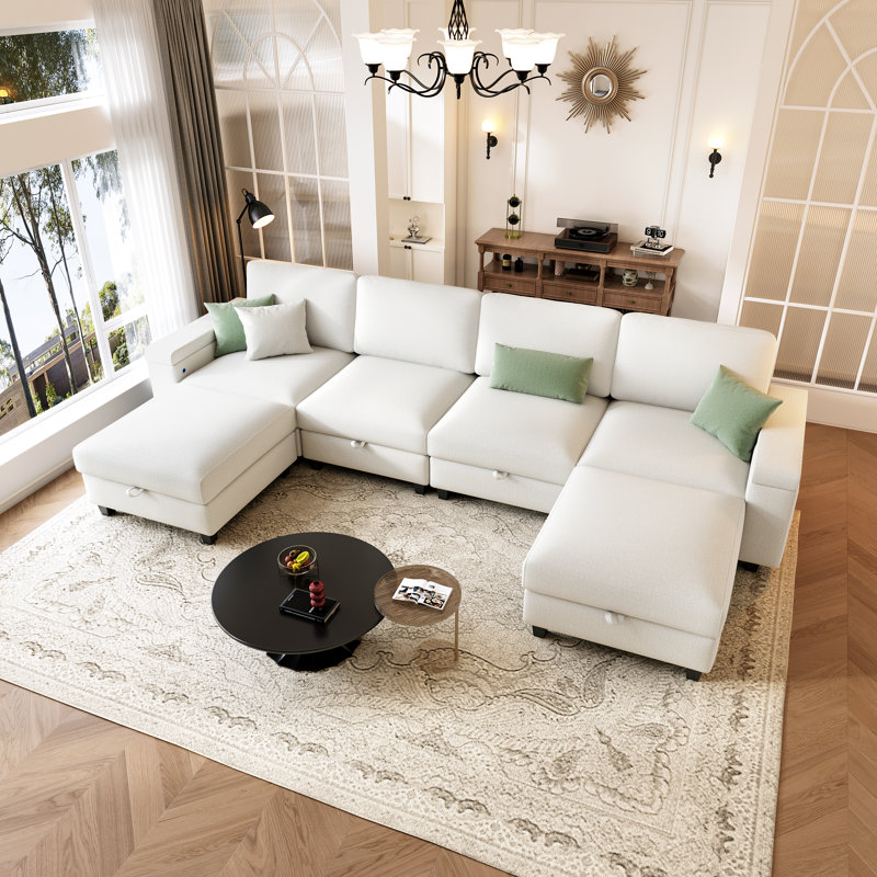 132'' Modular Sectional With Ottoman, White Linen Blend