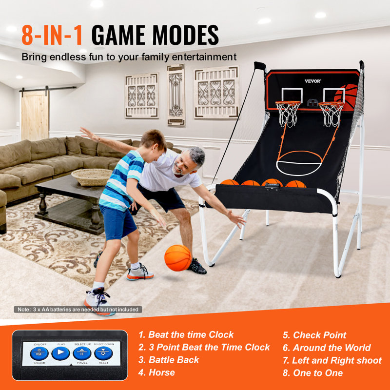 Foldable Black and White Indoor Basketball Arcade Game with Electronic Scoreboard