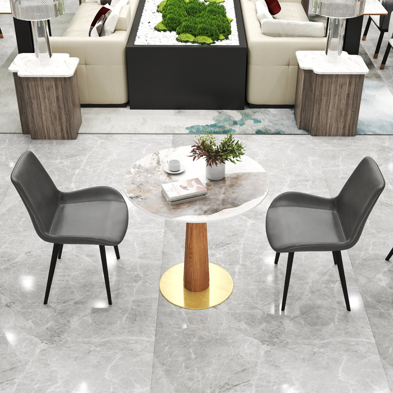 Ensemble de 3 tables de conférence rondes en pierre frittée moderne avec 2 chaises en cuir, Beige, Gris