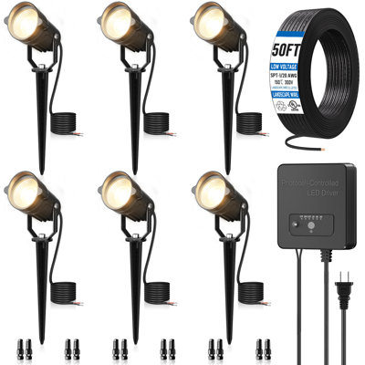 Ensemble d'éclairage de paysage à basse tension tout-en-un avec transformateur de minuterie, projecteurs à DEL de 6 W, 2700 K, étanche IP66, éclairage extérieur 12 à 24 V