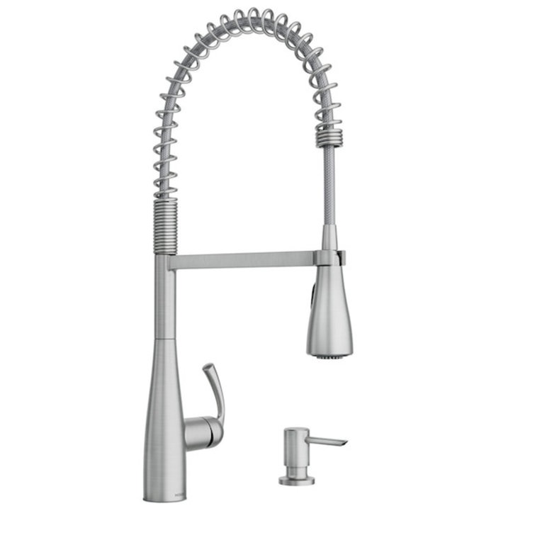 Moen Essie Pre-Rinse Spring Pull Down Single Handle Kitchen Faucet with Power Clean Technology and Soap Dispenser