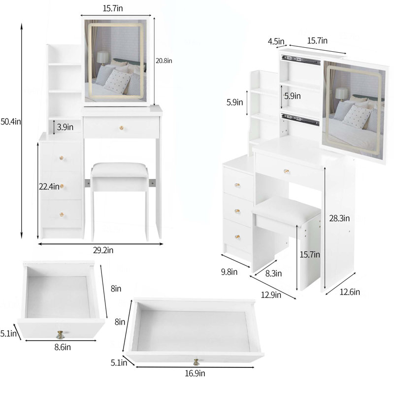 Petite coiffeuse 29,2 po avec tabouret de chevet gauche + tabouret rembourré, 2 blocs d'alimentation CA + 2 ports USB, support pour sèche-cheveux, très grand miroir à DEL coulissant à contrôle tactile, changement de couleur tricolore, réglage de la luminosité