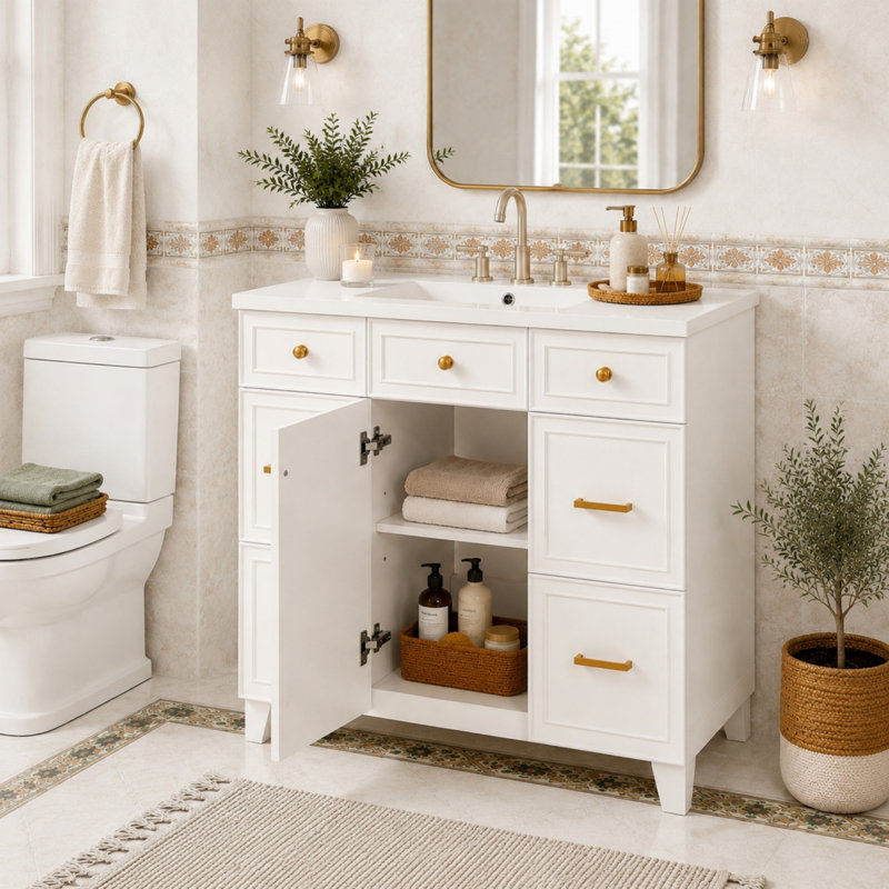 36" Bathroom Vanity with Ceramic Sink, White, Solid Wood Frame, Soft Close Doors, Adjustable Shelves, 3 Drawers ,Including Double-Depth Drawer for Hairdryer Storage