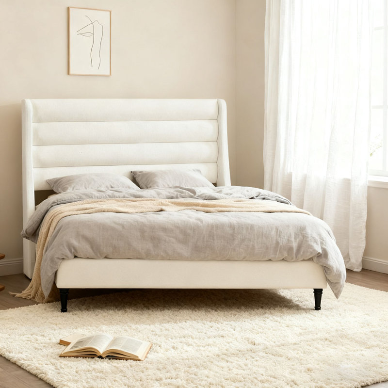 Lit plateforme en tissu d'ameublement avec tête de lit Chenille, Grand