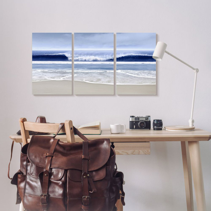 «Beach Wave Cresting At Shore Blue Nautical Landscape», ensemble de 3 impressions sur toile, Plaque murale