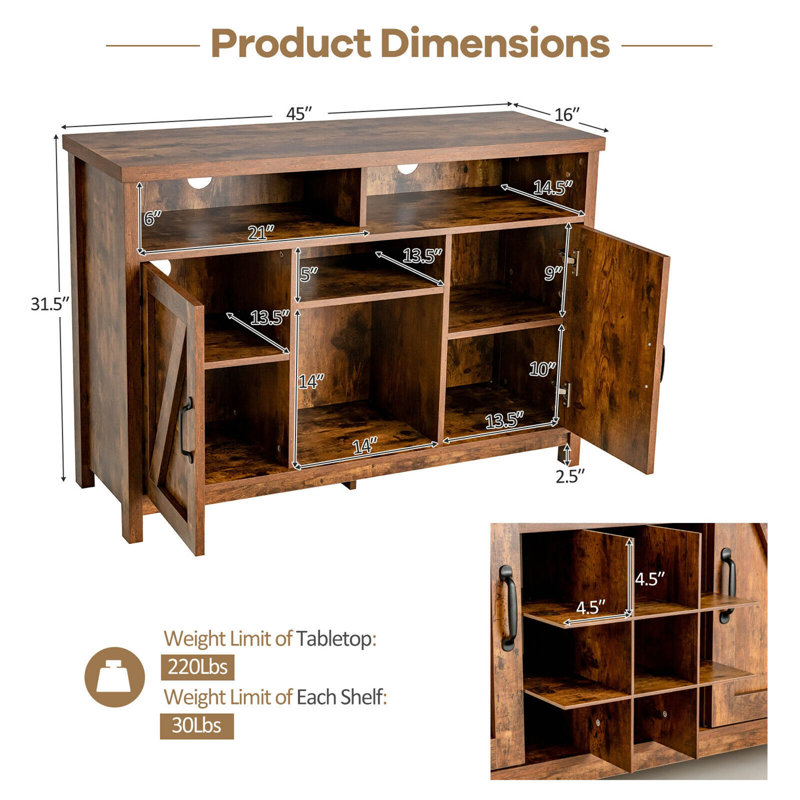 Buffet de rangement Sequeira avec support à 9 bouteilles et 2 portes brun, Brun rustique