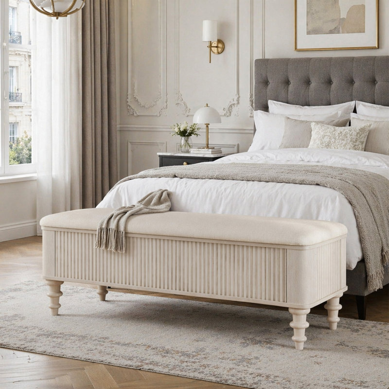 Banc de rangement avec repose-pieds en bois d'hévéa massif de 50,8 pouces avec siège en lin, Beige